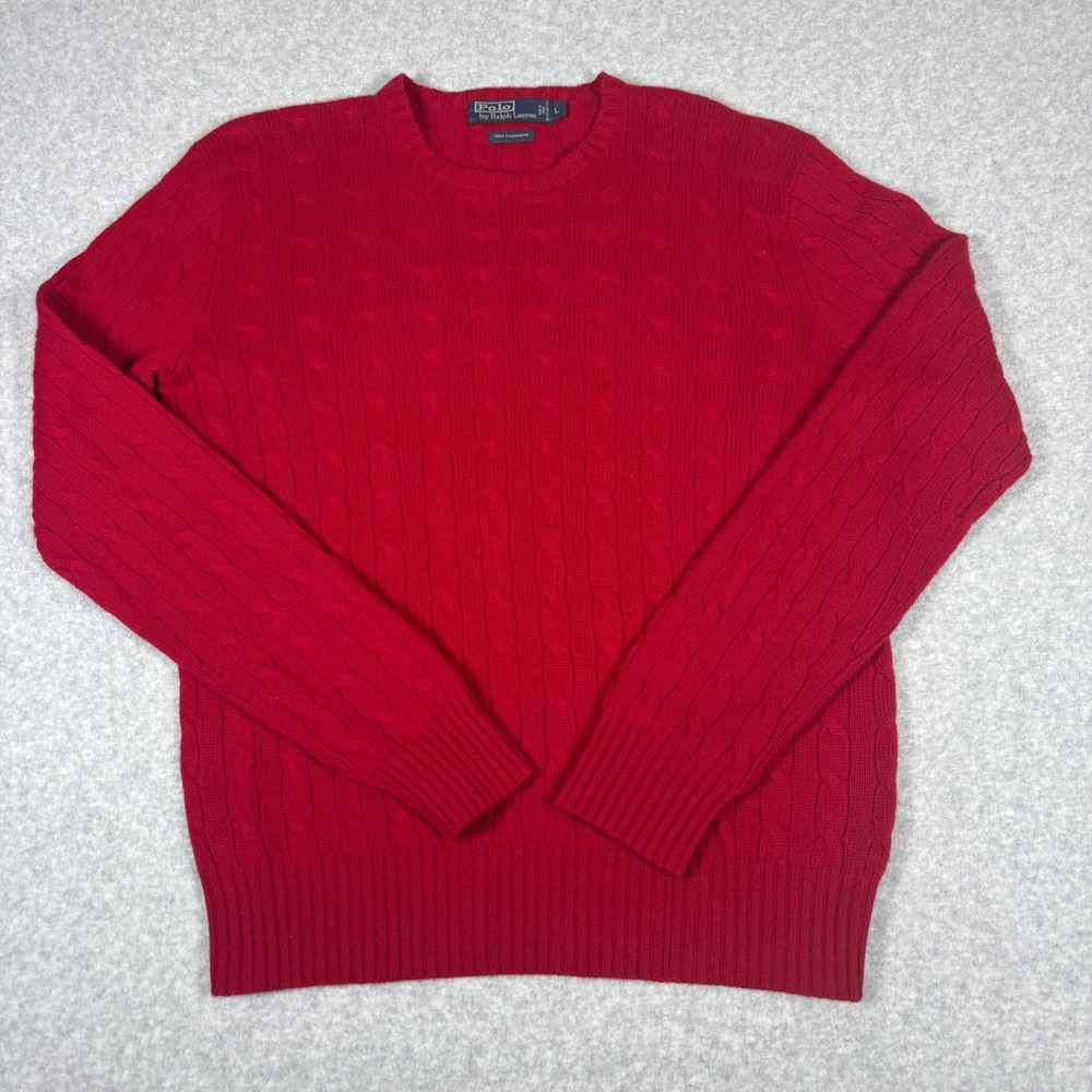 Polo Ralph Lauren Sweater Mens L Red 100% Cashmere Cable Knit Crew Neck
